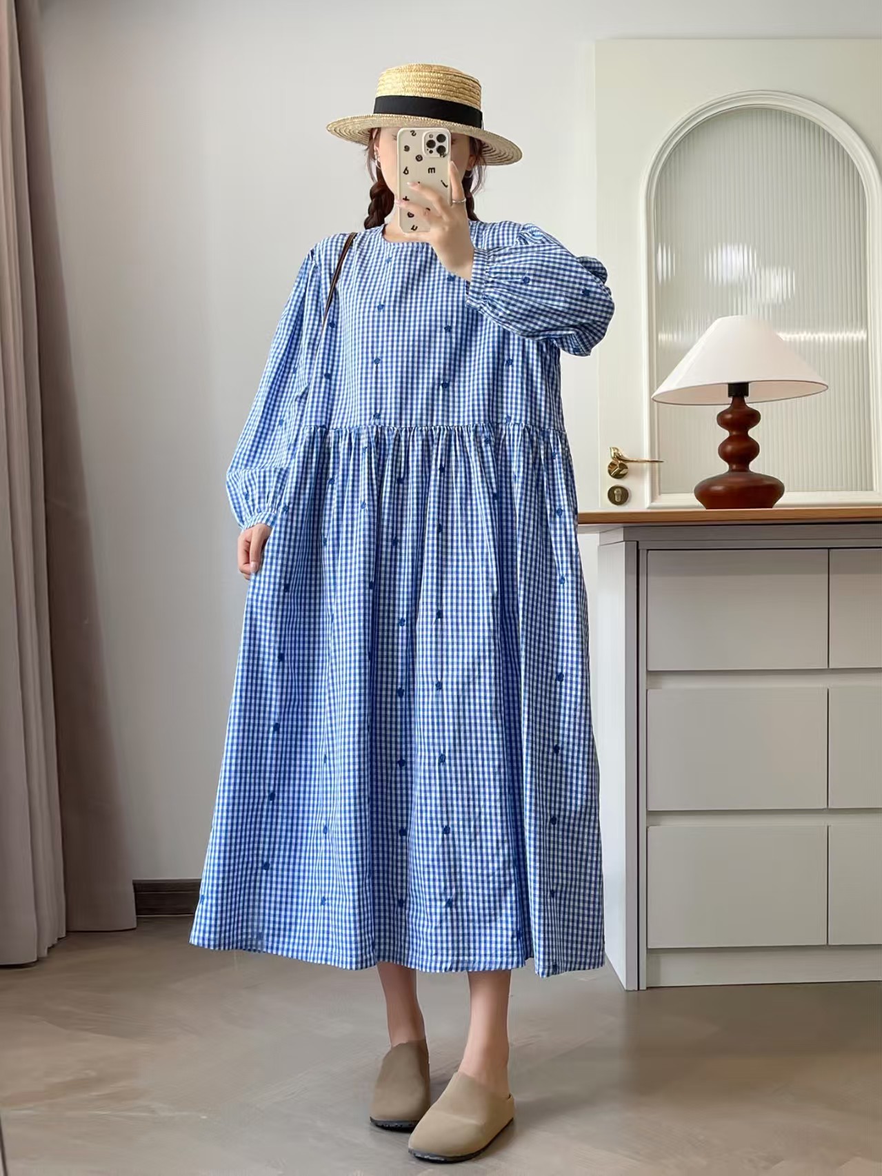 Embroidery Yellow Dress - Gaun Longgar Bordir Kotak-kotak Biru Kuning