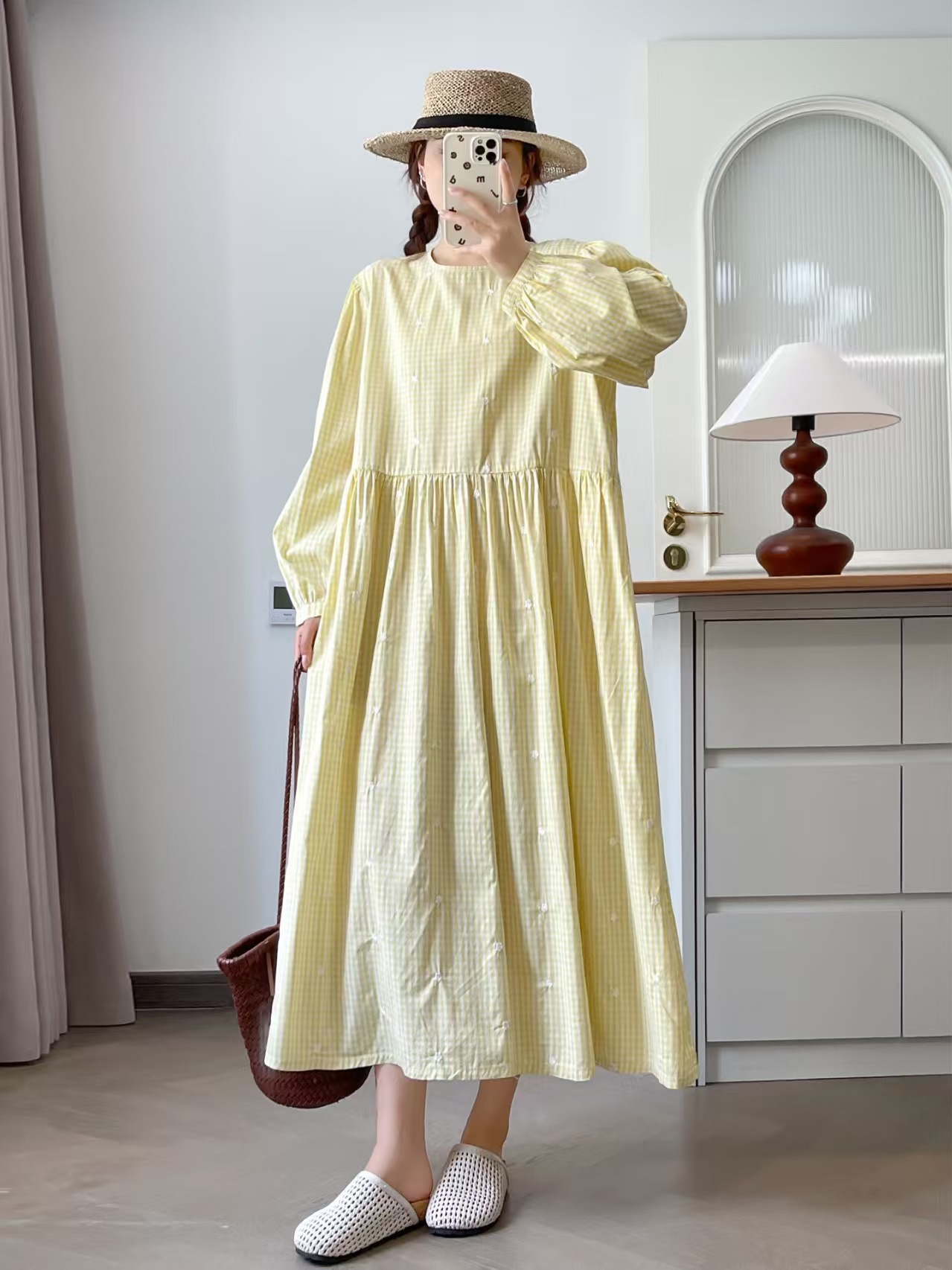 Gaun Longgar Bordir Kotak-kota - Embroidery Yellow Dress ulasan dan harga