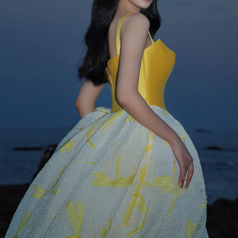Gaun Pesta Pernikahan Elegan W - Embroidery Yellow Dress ulasan dan harga