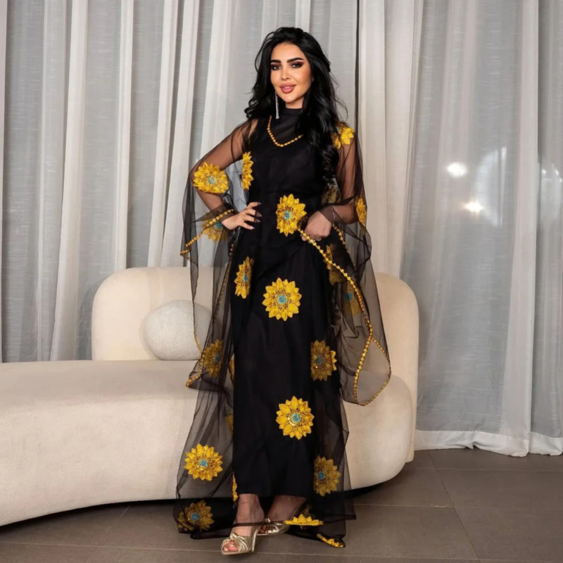 Gaun Maxi Bordir Motif Bunga u - Embroidery Yellow Dress ulasan dan harga