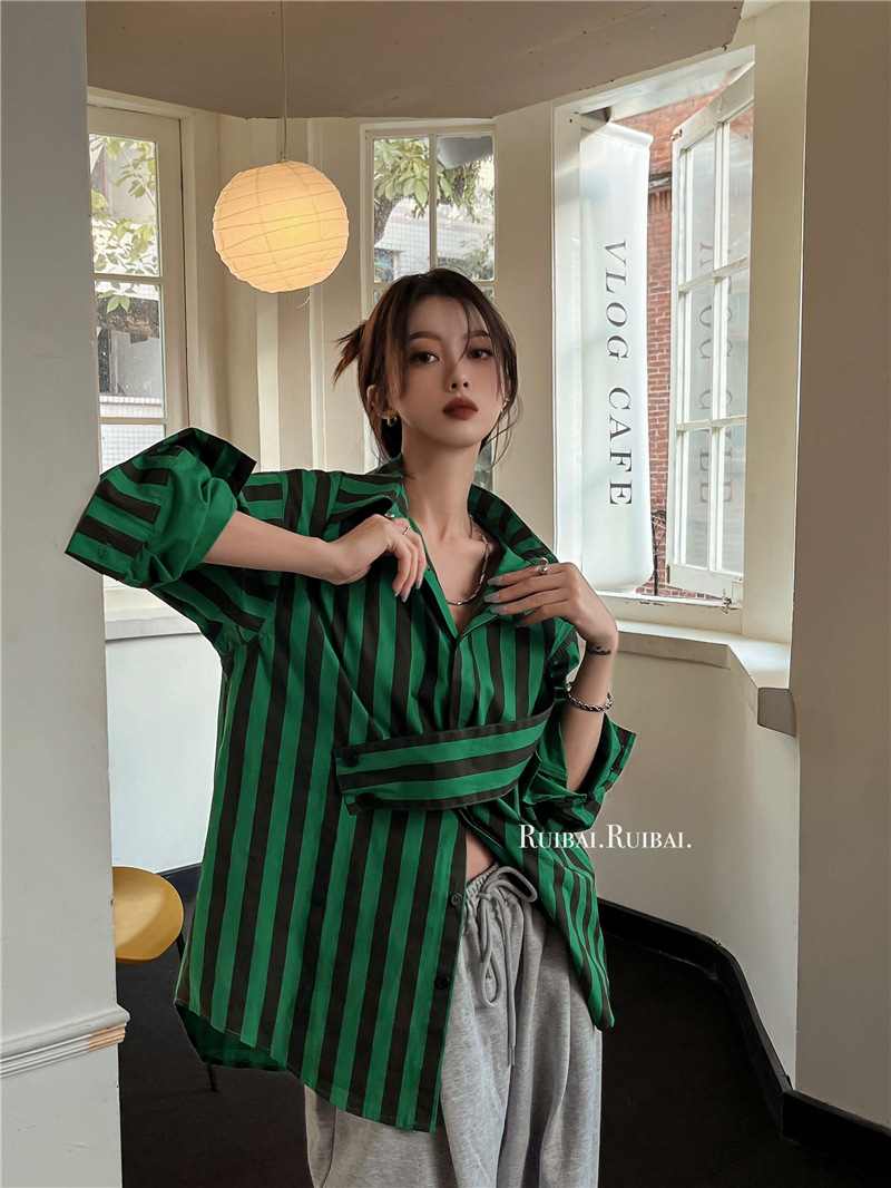 Kemeja bergaris Korea dengan k - Embroidery Online ulasan dan harga